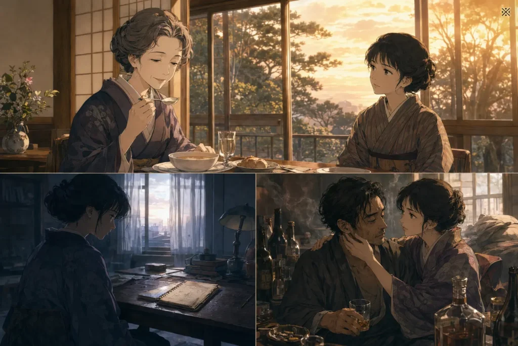 小説「斜陽」をイメージした画像 三場面で表現
