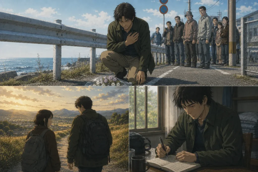 小説「悼む人」をイメージした画像　三場面で表現