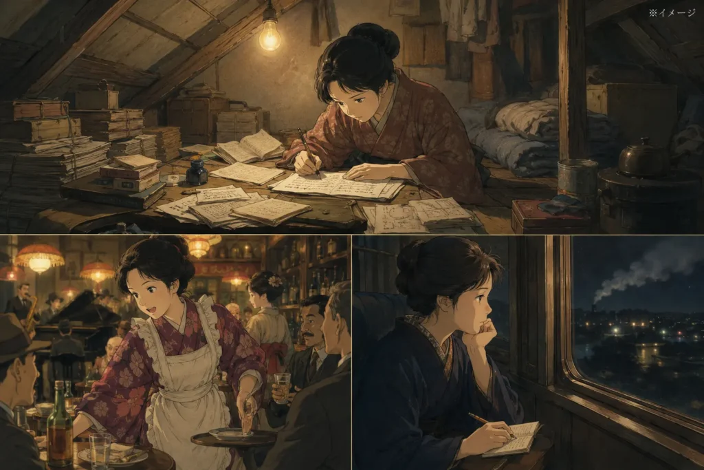 小説「放浪記」をイメージした画像。三場面で表現