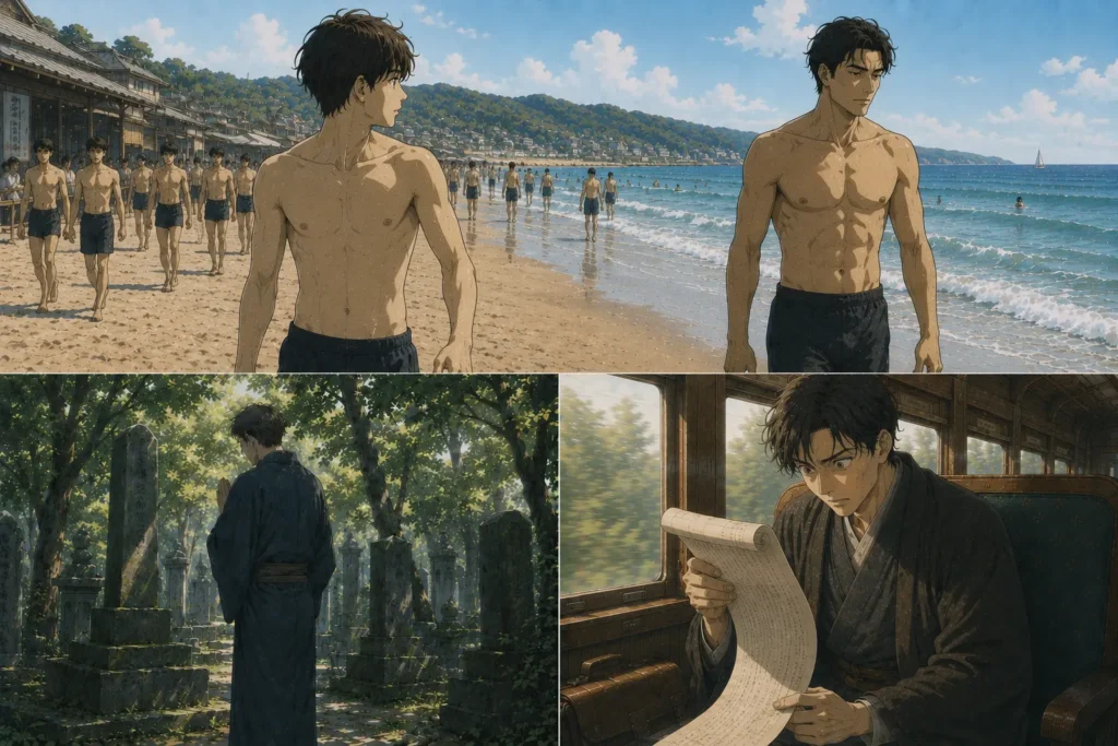 小説「こころ」をイメージした画像。三場面で表現。