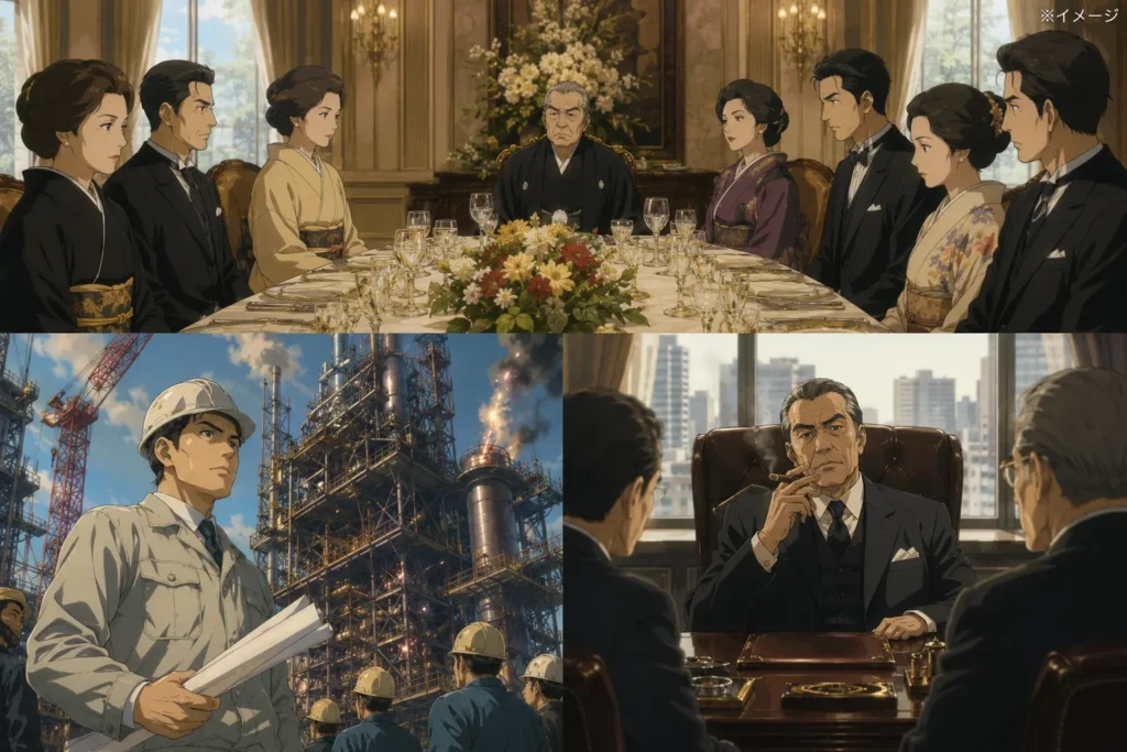 小説「華麗なる一族」のイメージ画像。三場面で表現。