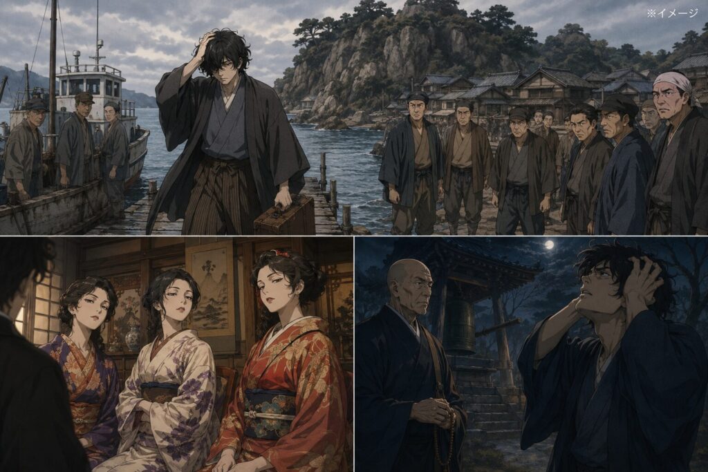 小説「獄門島」をイメージした画像。三場面で表現。