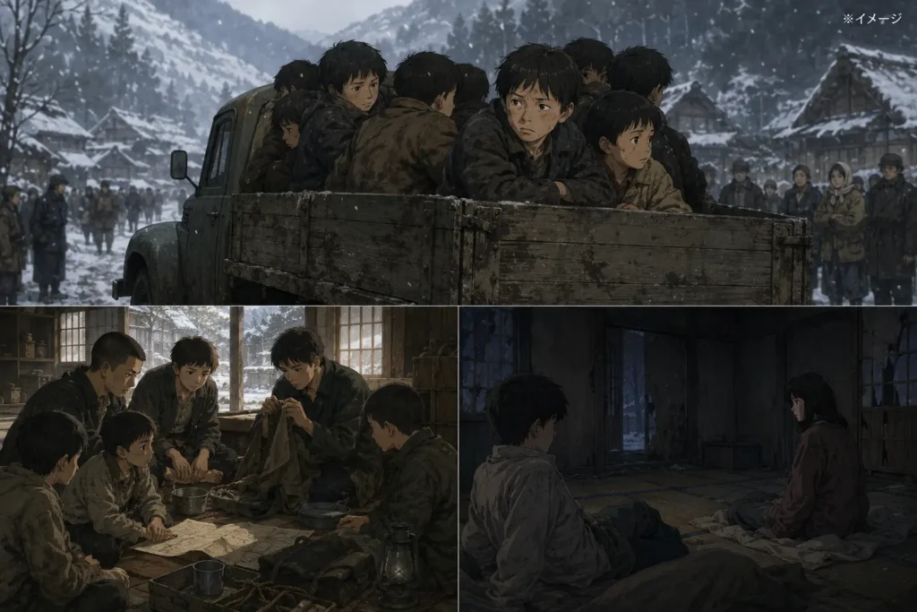 小説「芽むしり仔撃ち」をイメージした画像。三場面で表現