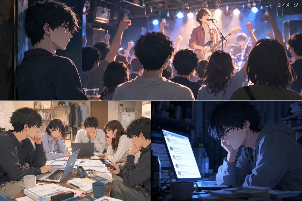 小説「何者」のイメージ画像。三場面で表現。