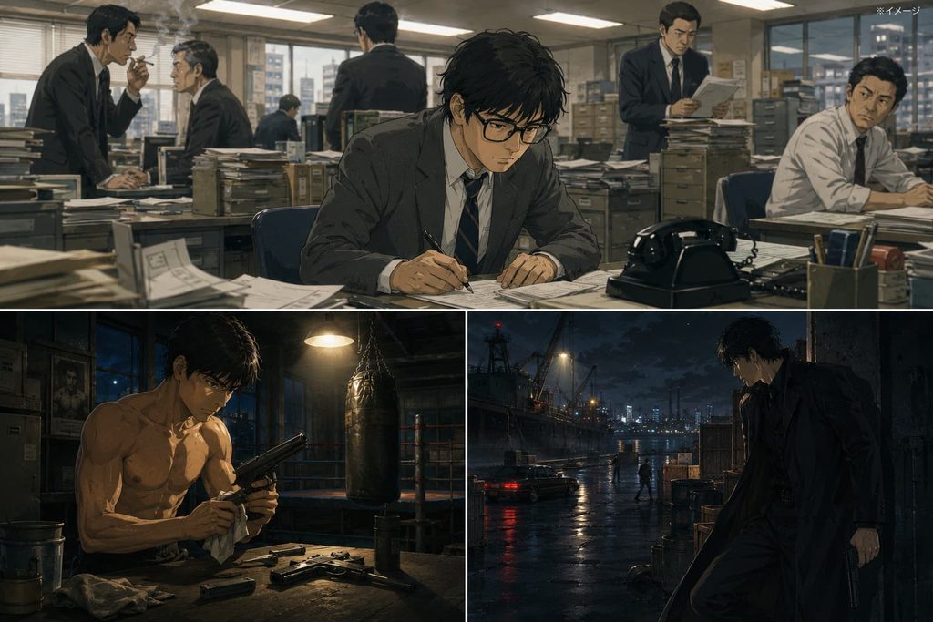 小説「蘇る金狼」をイメージした画像。三場面で表現。