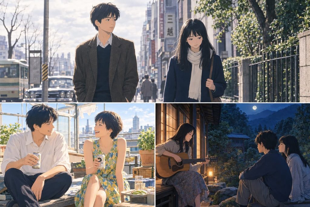 小説「ノルウェイの森」のイメージ画像。三場面で表現。