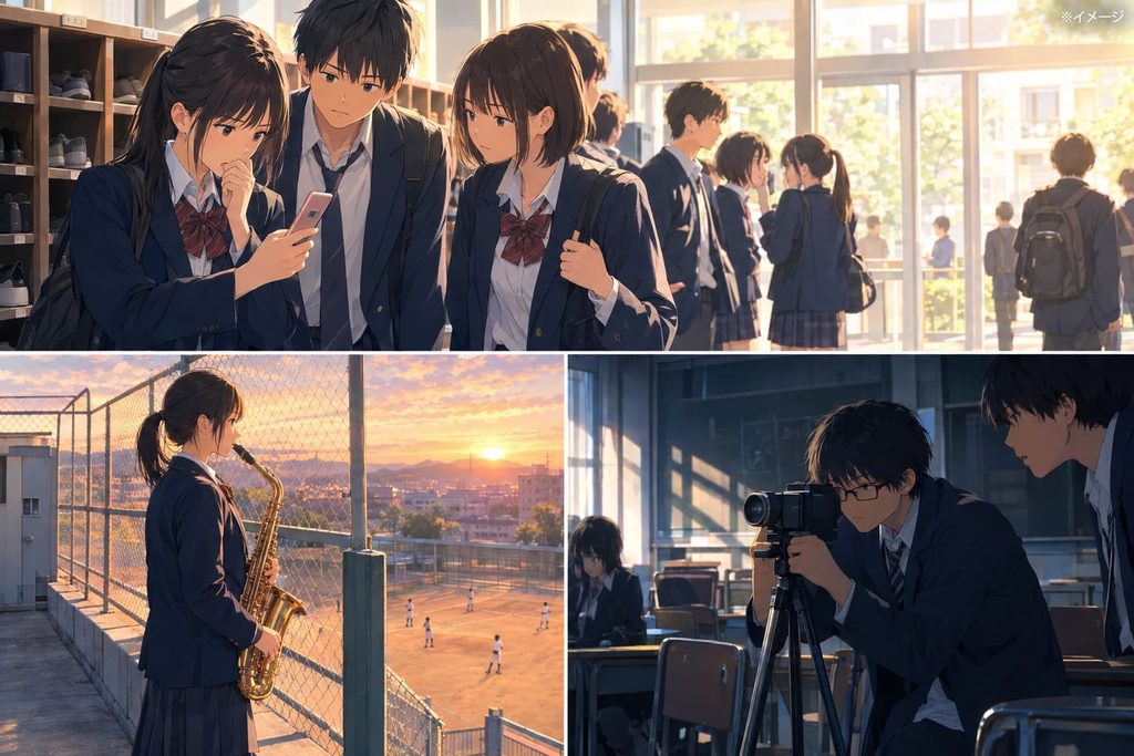 小説「桐島、部活やめるってよ」をイメージした画像。三場面で表現。
